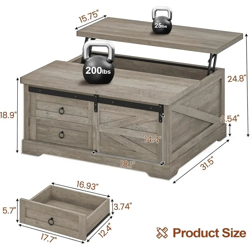 39.4'' Lit Top Coee Table with Storage, armhouse Coee Tables or Living Room, Square Coee Table with Large Hodden Comparent & 2 D
