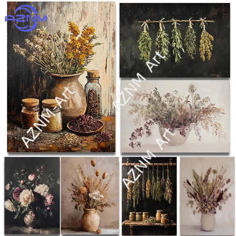 1 Stück, Vintage Herbst Bauernhaus Getrocknete Kräuter Stillleben Rustikale Küchen-Vase Drucke Leinwandgemälde Wandbilder Wohnzimmer