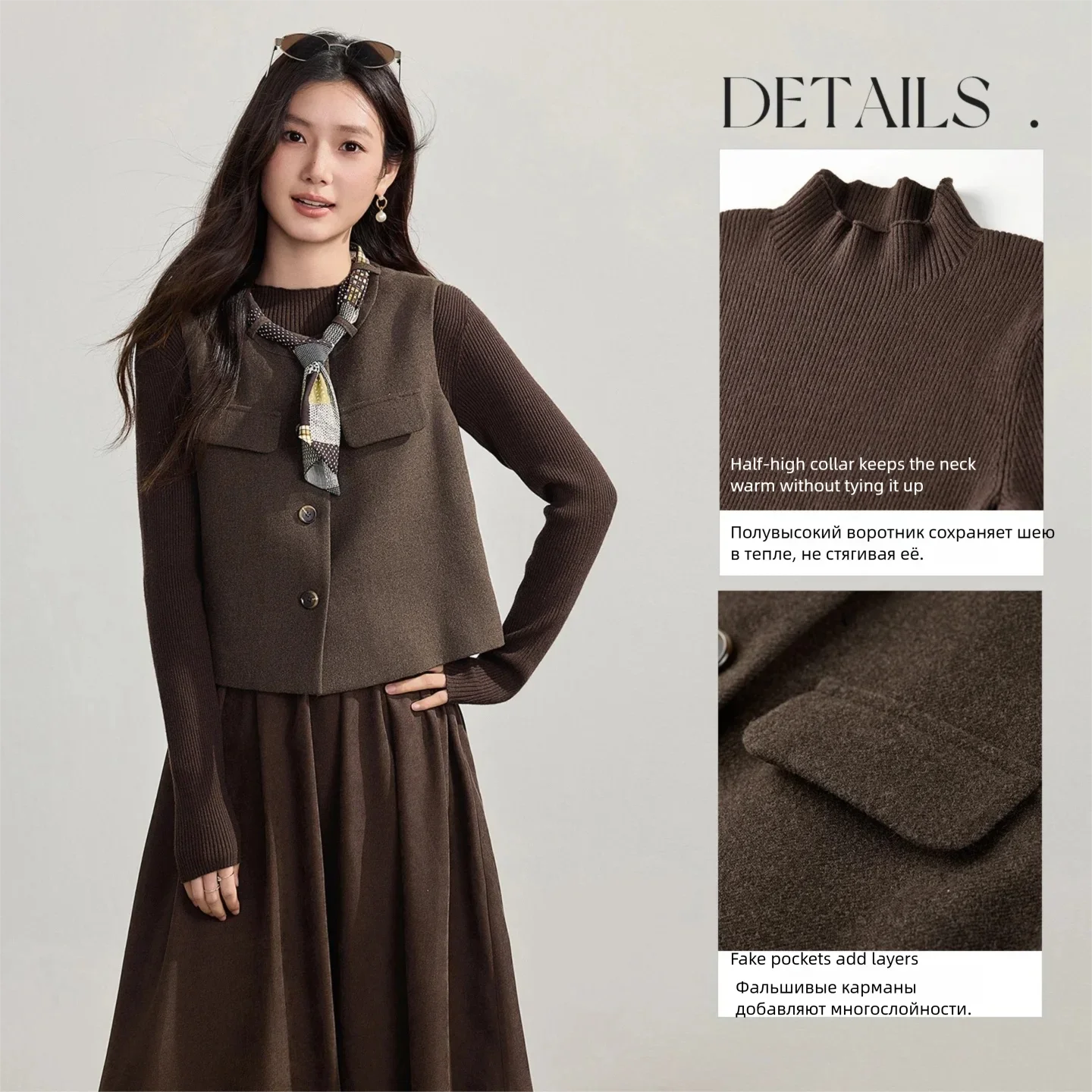 SENTUBILA Women's Winter 2 Piece Set Scarf Vest Long Sleeve A Line Dress Matching Set 2026 Thick Warm Elegant Outfit 764ZB8825