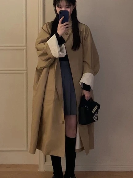 

Women's Mid-Length Oversized Loose Fit Stand Collar Coat Autumn Outerwear Briti Sle Versatile Slimming Long Sve Coat