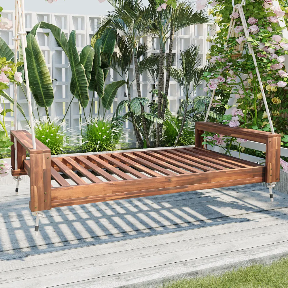 

Twin Size Porch Swing Bed Seating Group, Patio Acacia Wood Swing Frame with Hemp Ropes for Garden, Backyard, Natural