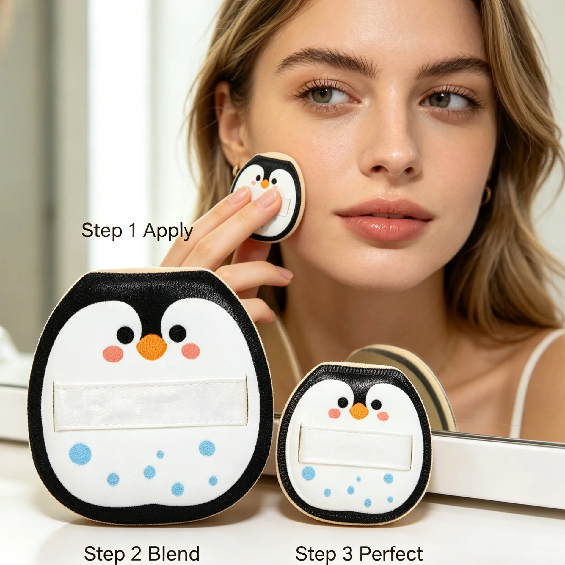 2 pieces of cartoon penguin-shaped cushion sponges, available in two sizes (large and small), to meet different makeup needs.