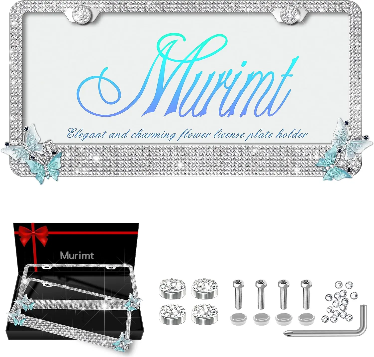 

Рамки для номерных знаков с бабочками из страз, 2 шт., с блестками и подарочной коробкой - Настраиваемый блестящий держатель