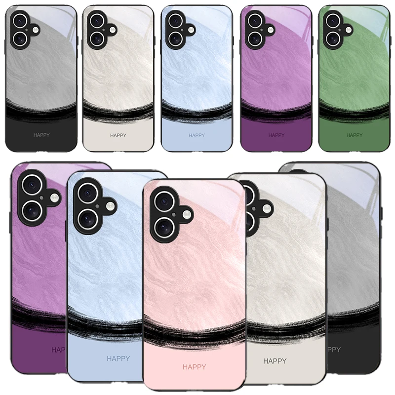 Modern Minimalist Style For iPhone 16 Pro 17 Pro Max 11 12 mini 13 14 XR XS Max 16E 7 8 5 SE 22 6Plus Air Black Glass Phone Case