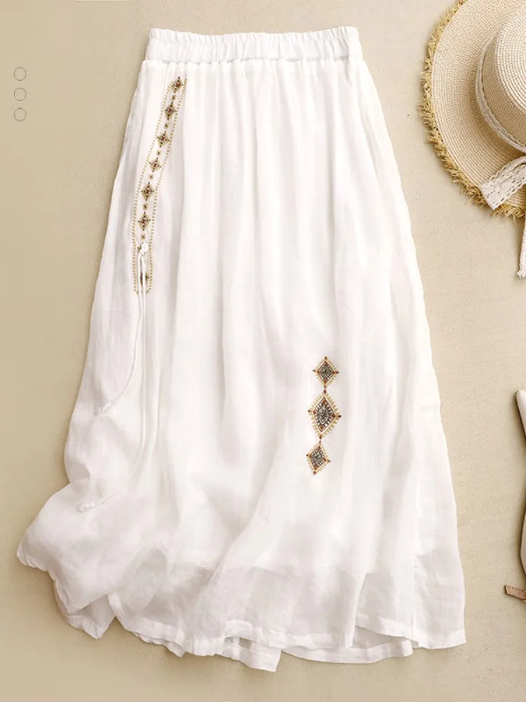 

Двухслойная хлопково-льняная юбка трапециевидной формы с китайской вышивкой, женская летняя тонкая висячая юбка-миди для похудения с высокой талией