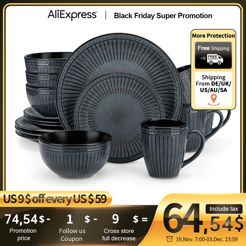 

vancasso 16/32 Piece Relief Ceramic Plates Set Black Elegent Tableware set with 4/8 PCS Dinner Plate/Dessert/Cereal Bowl/Mug