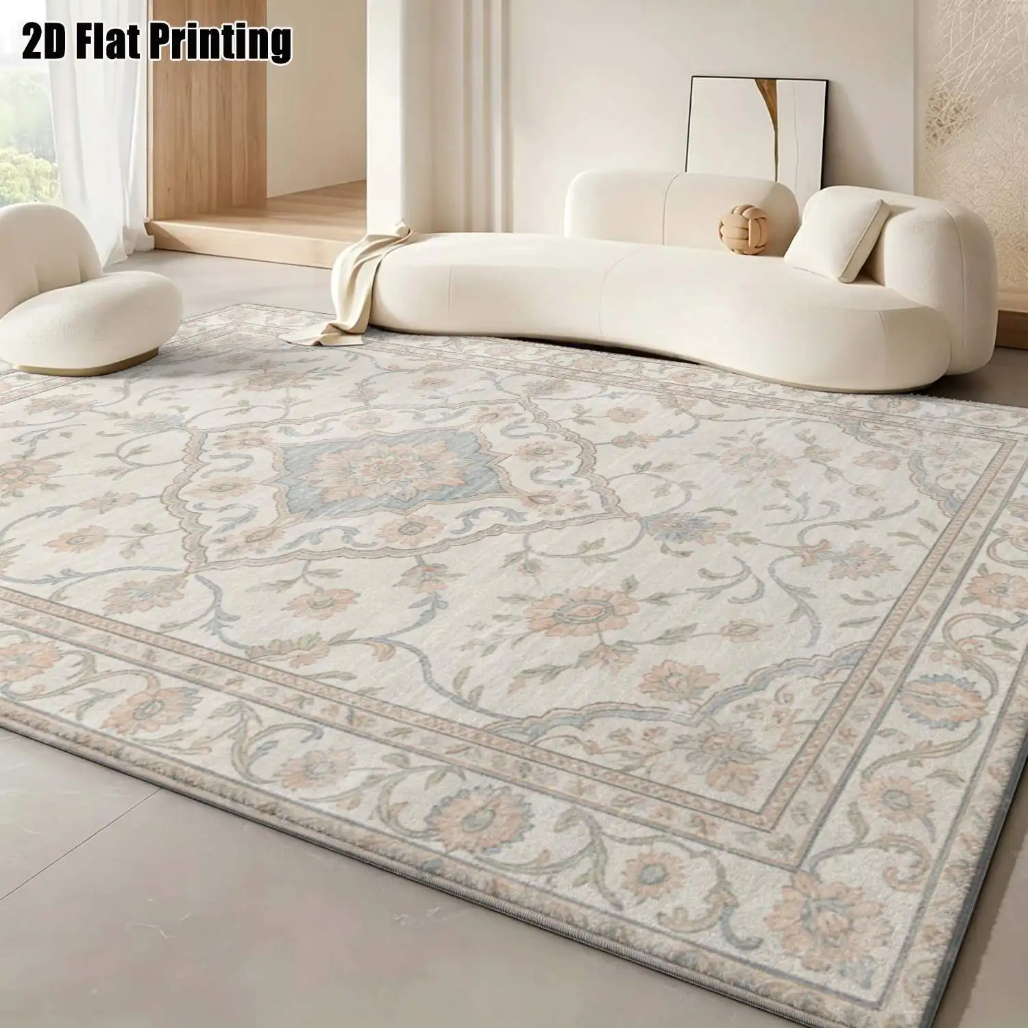 1Pc 2D Printed Carpet: Light Brown & Blue-Gray Floral, European Retro Minimalist, Home Decor, Multi-Size, Machine Washable, Multi-Scene Use