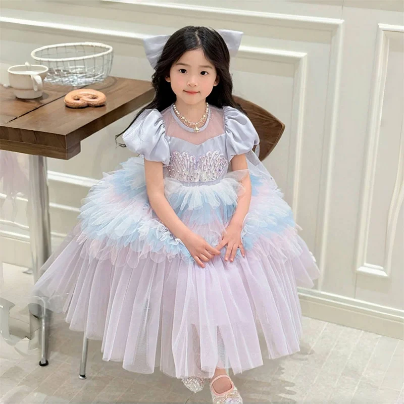 

2025Girls Summer New Purple Short Sleeve Puffy Birthday Dress