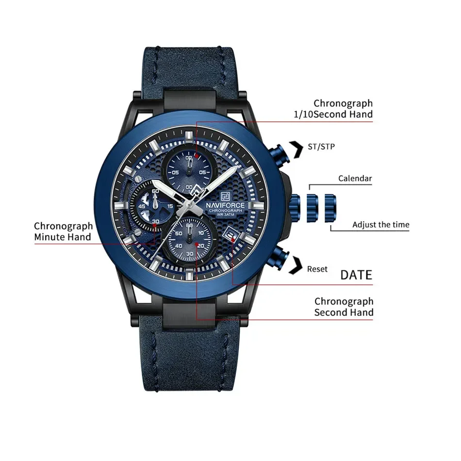 NAVIFORCE 8073 Orologio militare al quarzo da uomo Cinturino in pelle Cronografo Orologi sportivi Orologi da polso impermeabili Regalo per uomo Orologio