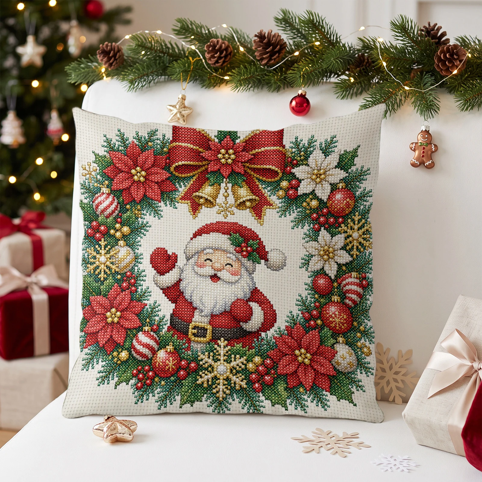 Christmas Pillow Embroidery Kit 11CT Stitch 3 Strands Cotton Printed Canvas Cushion Cover 45x45cm DIY