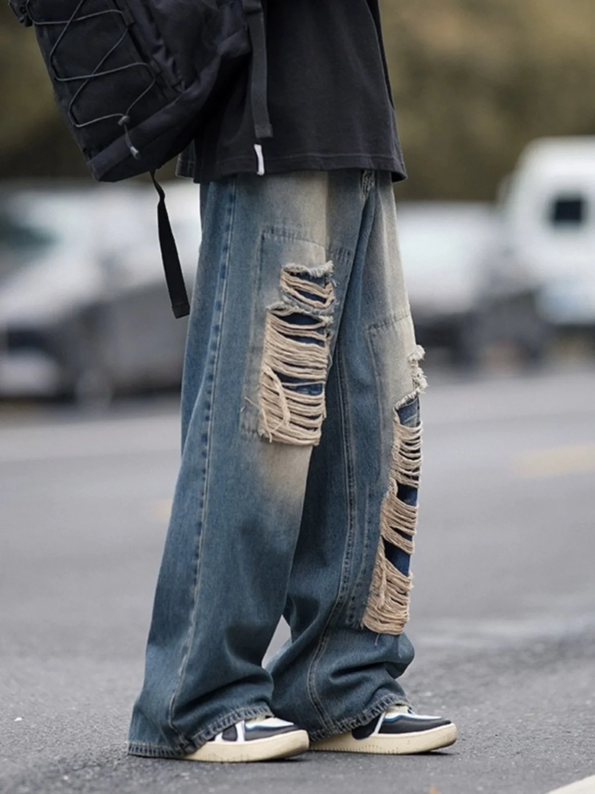 

Retro American Men's Jeans Spring Autumn Loose Wide Leg Straight Tube Trendy High Street Washed Outwear Casual Straight Jeans