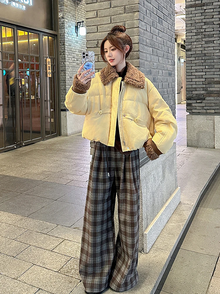 노란색 양털 트리밍 숏 다운 재킷 여성용 루즈핏 겨울 아우터 한국 스타일 따뜻한 두꺼운 코트 여성용