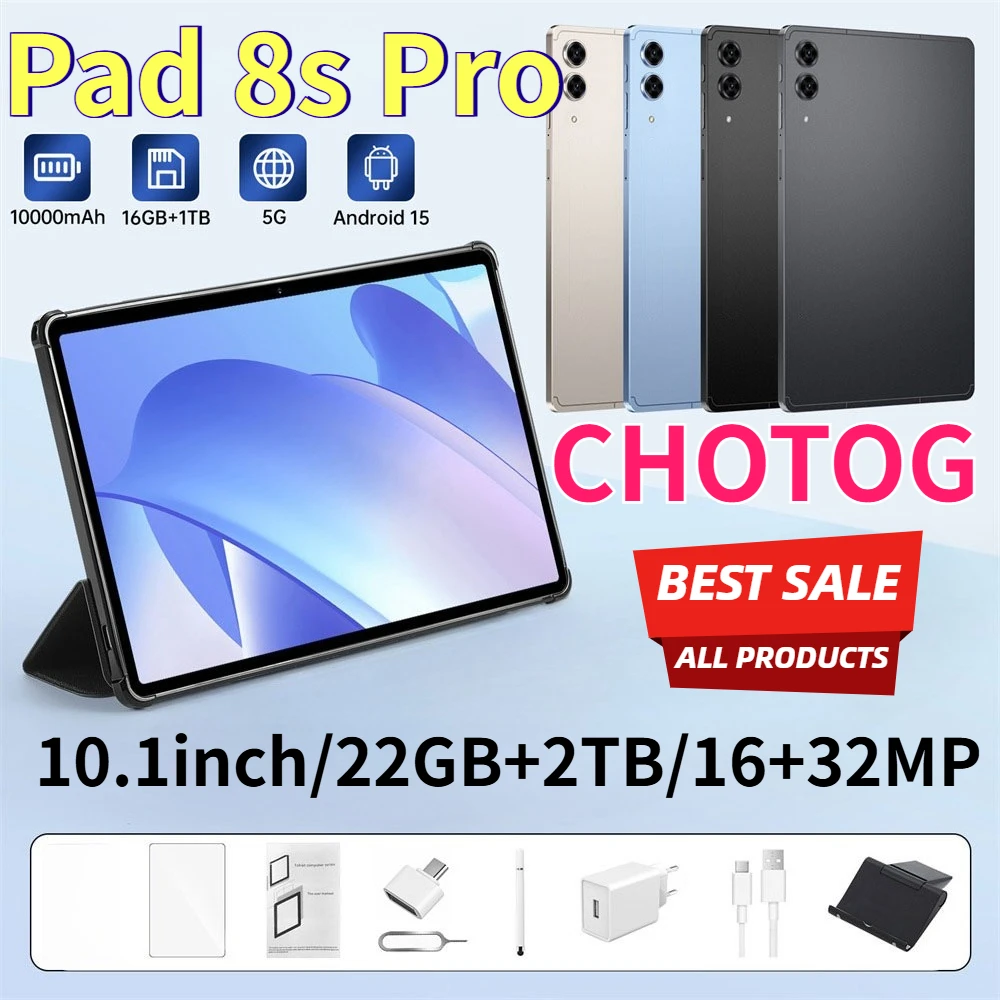 Tableta CHOTOG Pad 8s Pro 10000mAh 5G con Doble SIM, Tableta de 10.1 pulgadas, 22GB+2TB, Android 15, Cámara de 16+32MP, Tableta para Niños