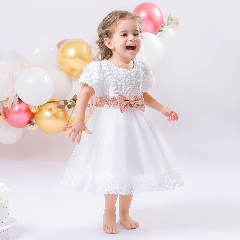 White Newborn Baby Girls 1st Year Birthday Party Dress Kids Elegant Flower Bowknot Princess Infant Baptism Gown Clothes Vestido