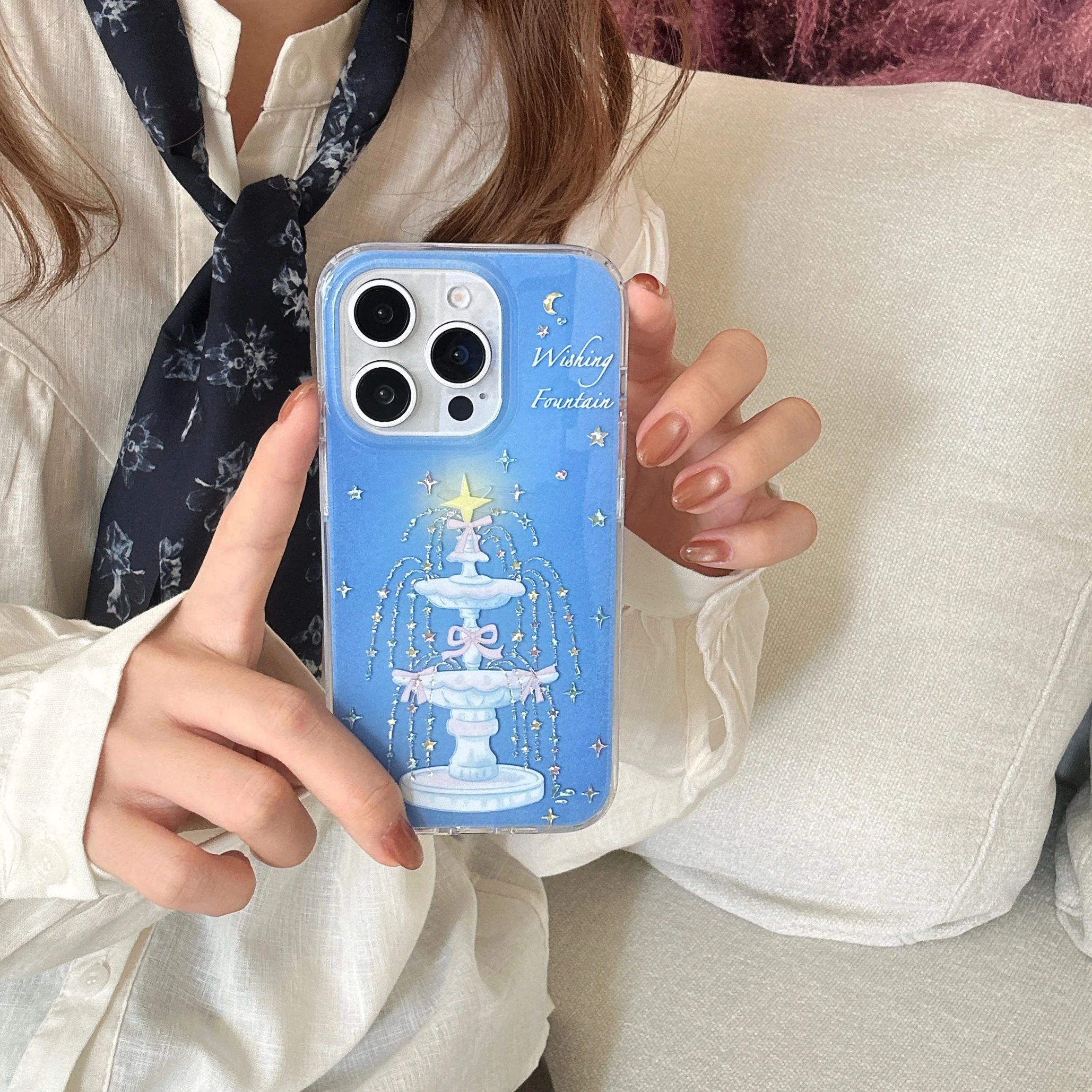 Ins souhaitant fontaine étoiles perle chaîne fond bleu coque de téléphone pour iPhone 16 15 14 13 Pro Max couverture arrière fonds