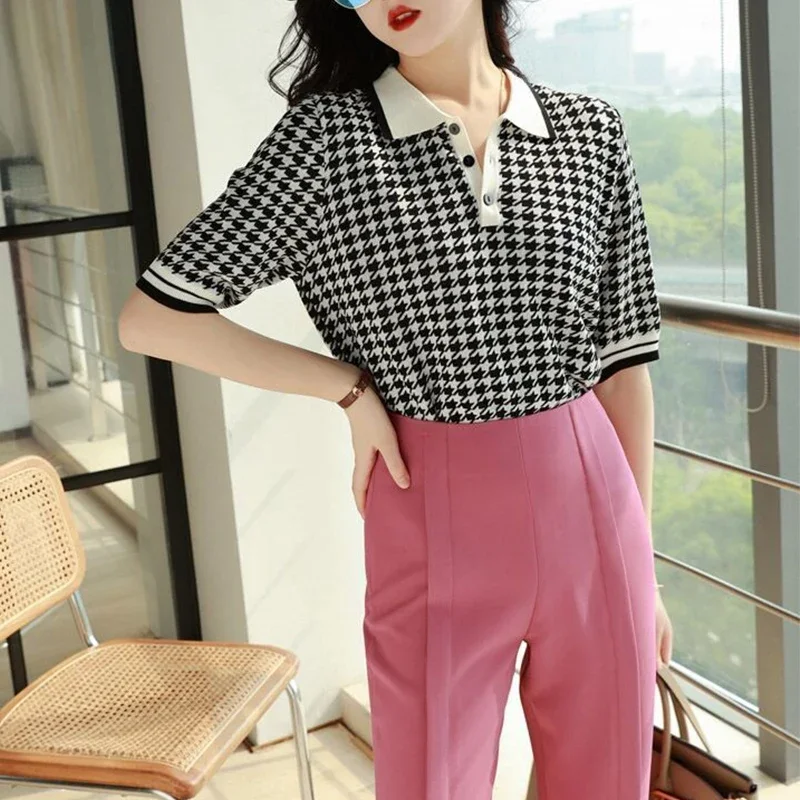 Fashion Polo-neck Houndstooth Printing Patchwork Knitted T-shirt Women Short Sleeve Loose Casual Vintage Pullover Tee Top B75