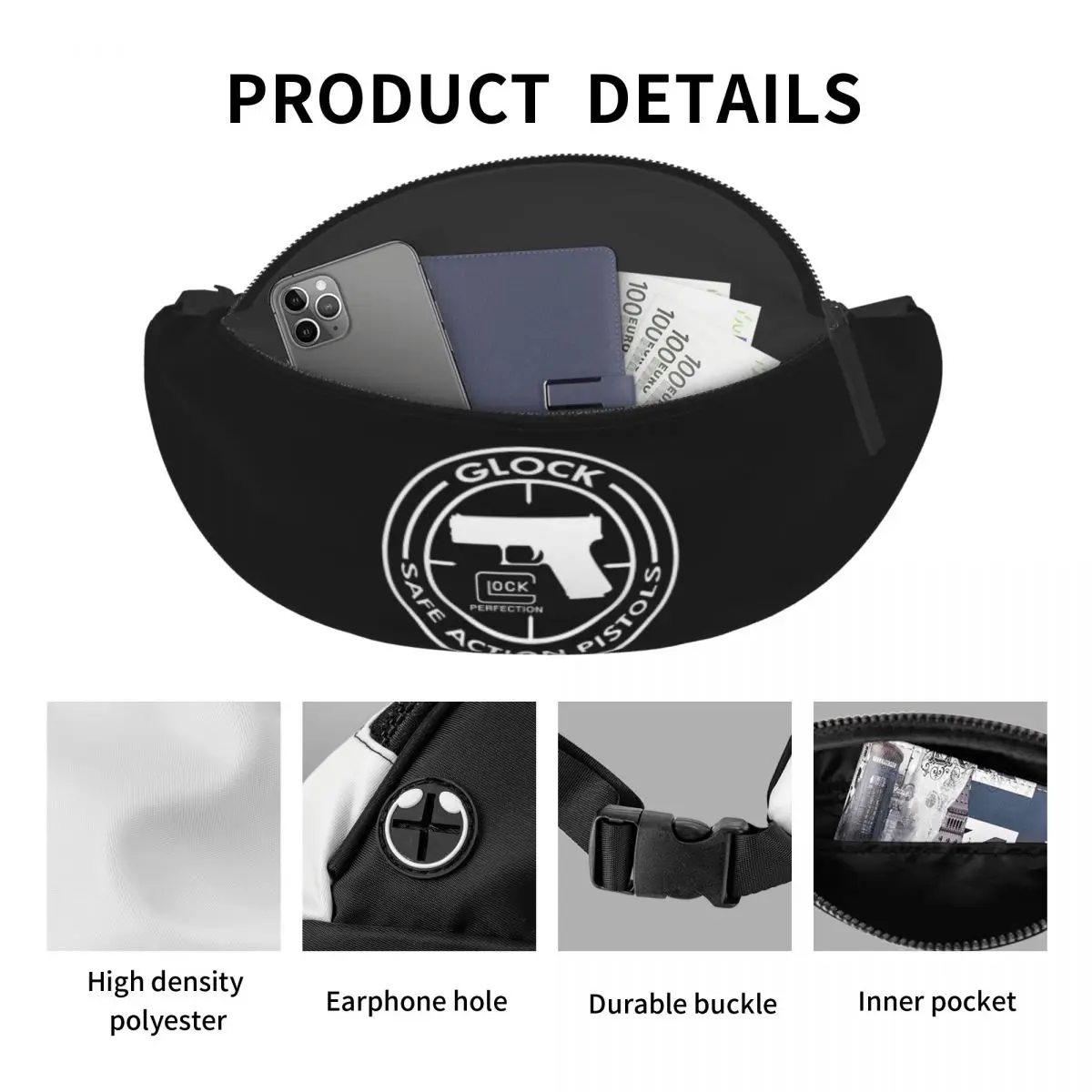 Casual Shooting Sports Tactical Glock Fanny Pack for Travel Hiking Men Women Crossbody Waist Bag Phone Money Pouch