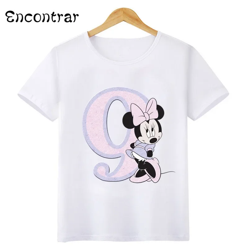 Disney Pink Minnie Graphic Girls Clothes Kids T shirt Age 1 2 3 4 5 6 7 8 9 Years Birthday Number Bow Baby T-Shirts,HKP2695