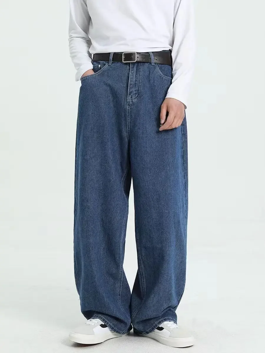 Blue Vintage High Street Wide Leg Jeans Men Loose Straight Oversize Drape Denim Pants American Style Trendy