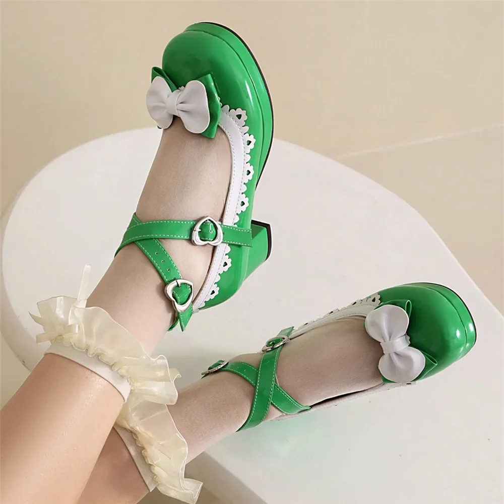 Sweet Girls Lolita Ruffles Bowknot Lace Bridal Wedding Shoes Women High Heels Bordered Princess Cosplay Party Pink Size 34-48