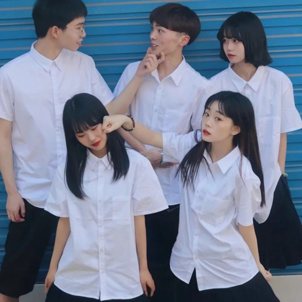 

Casual Classic White Shirt Basic Simple Loose Fit Shirt Preppy Style Short Sleeve Blouse Graduation Season
