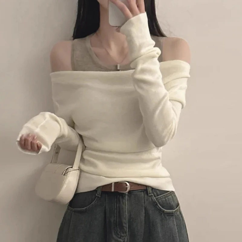 

Chic Autumn Knitted Slim Fit oulder Bared Soft Cozy Women's Sweater Faionable Splice Design Long Sve Commute Sle