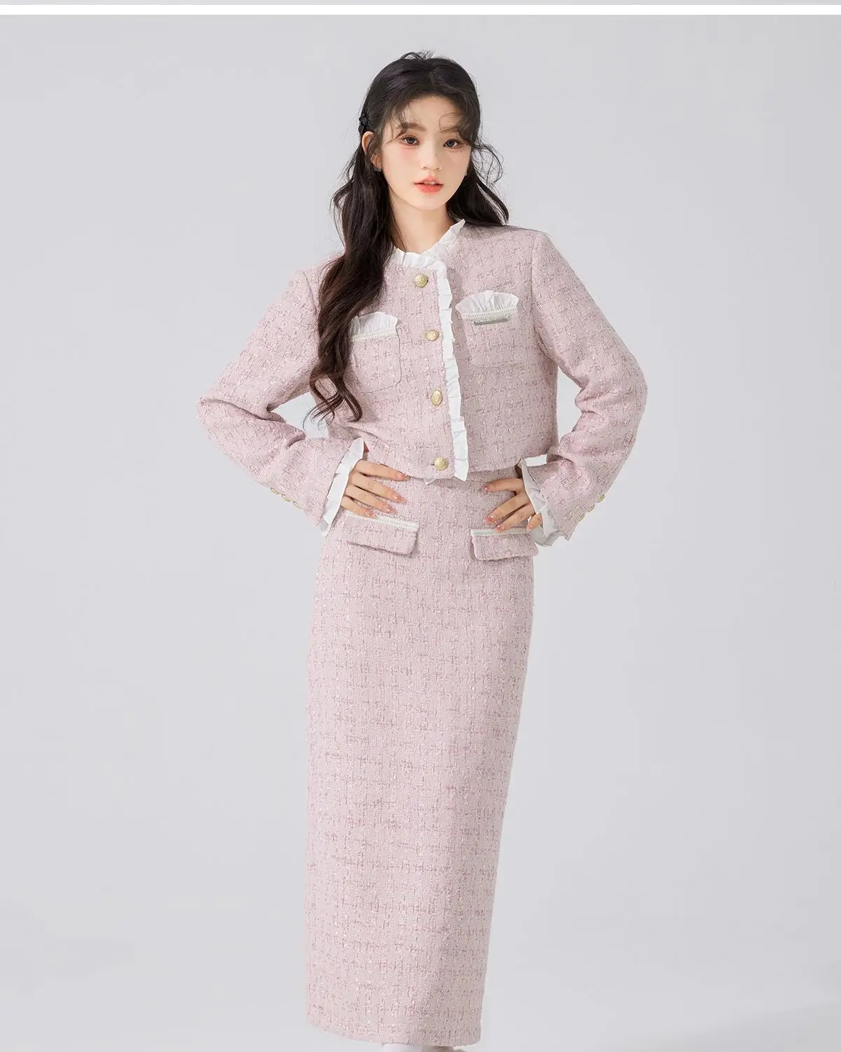 

2024 Spring Pink Tweed Two Piece Set for Women High Waist Skirt with Lace Trim Elegant Socialite Style Matching Outfit Chic