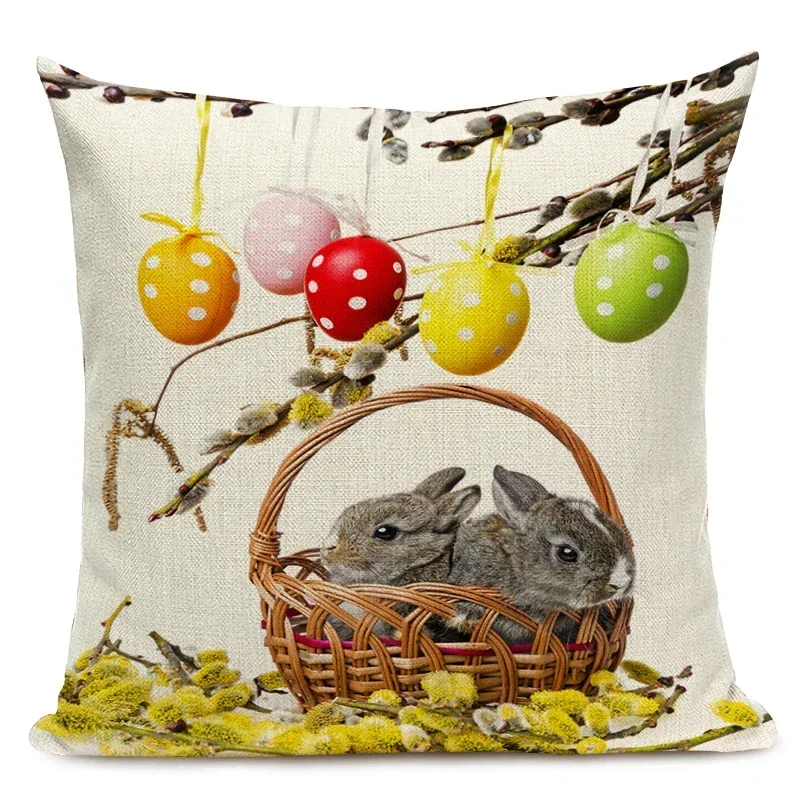 Happy Easter Cushion Cover Cute Smiling Bunny Rabbit Color Eggs Print Home Decor Pillow Cover for Sofa Bedroom Office