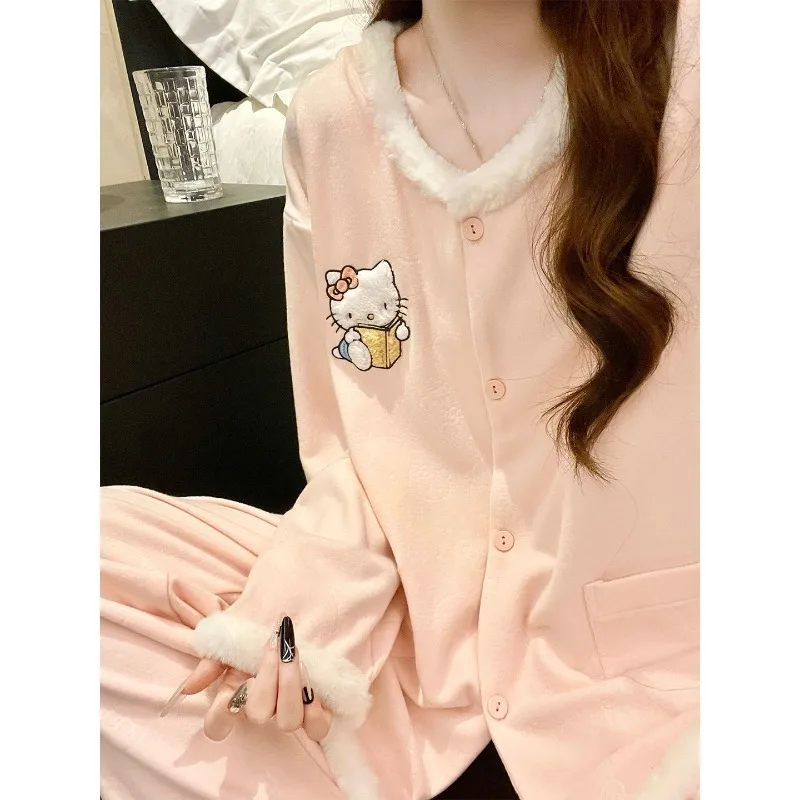 

Pajama Girls Autumn and Winter Brushed German Velvet Warm Long-sleeved Trousers Round Neck HelloKitty Pink Pattern Home Wear Set