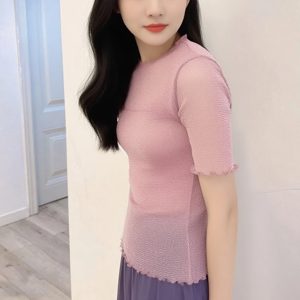 

Sexy Y2K See Through T Shirt Women Silver Shiny Bling Bling Mesh Tops Short Sleeve Sheer Slim O Neck Bright Shirts Lady Lace Top