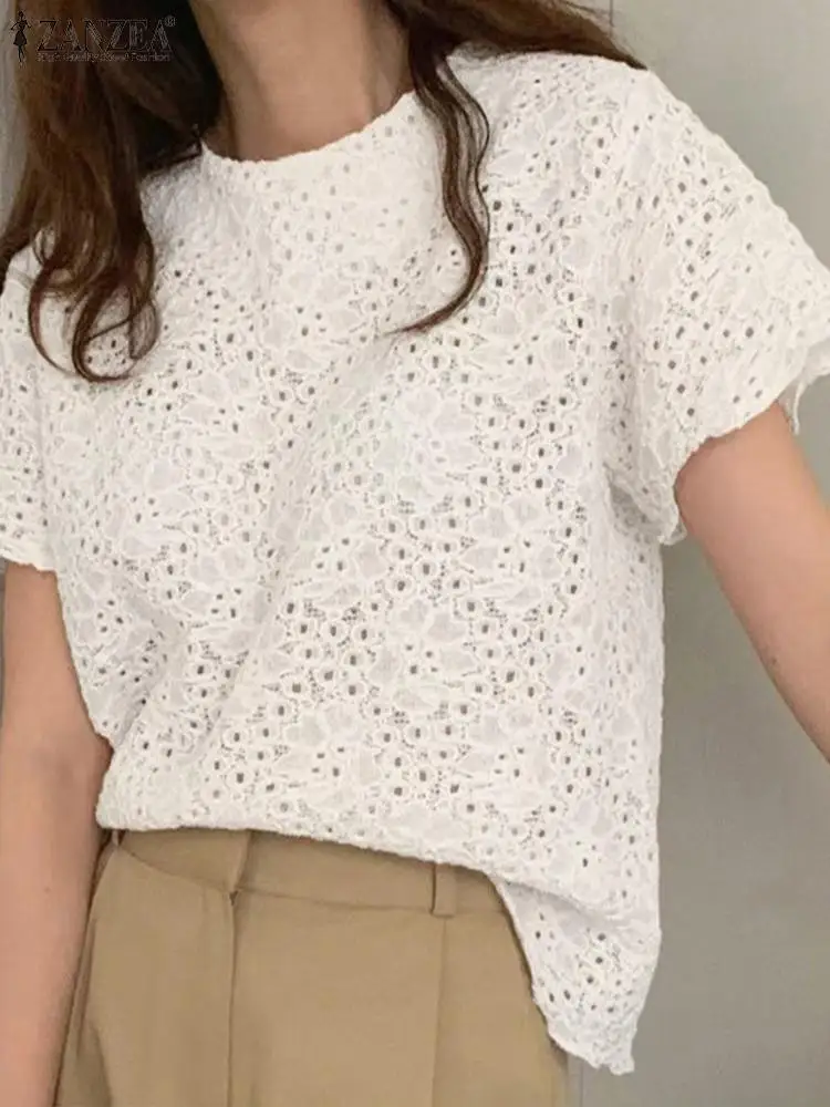 ZANZEA Women Hollow Out Tunics Vintage Crochet Lace Blouse 2024 Summer Short Sleeve Round Neck Blusas Casual Loose Solid Tops