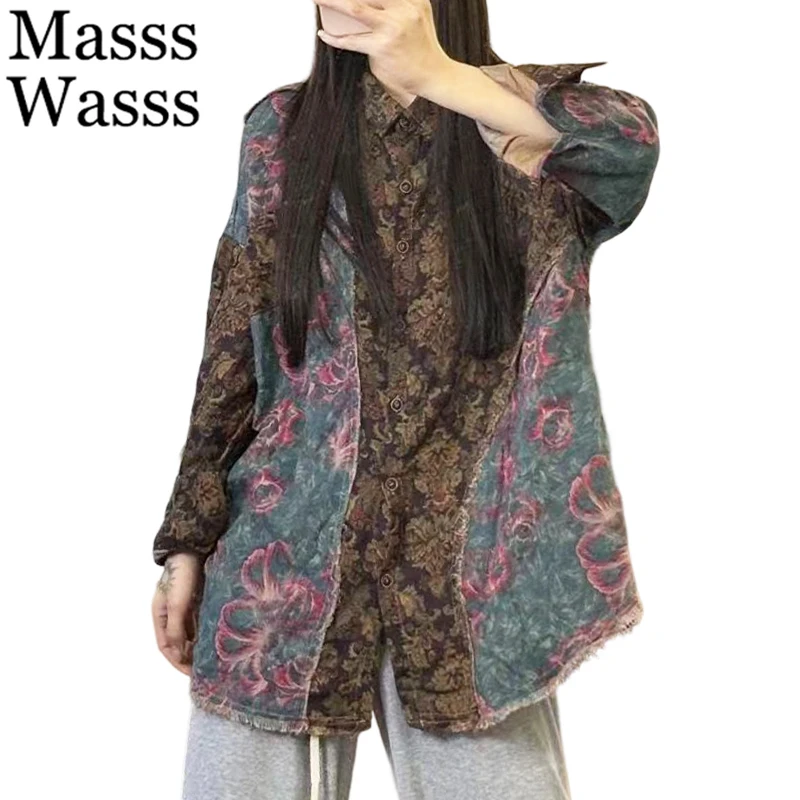 

Masss Wasss 2026 Loose Vintage Floral Shirts Womens Fashion Classic Patchwork Tops Ladies British Leisure Cotton Linen Blouses