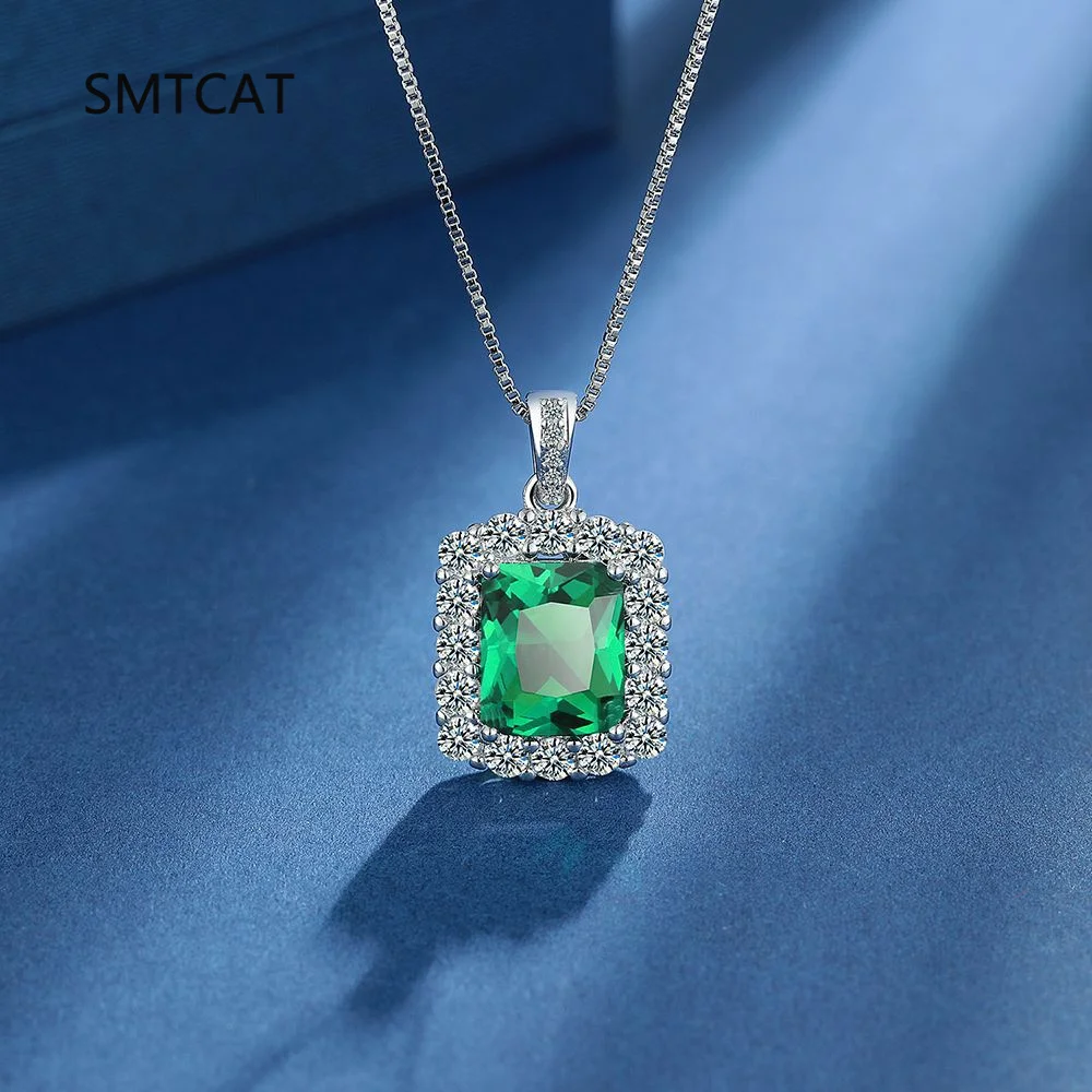 

Green Simulated Nano Emerald 925 Sterling Silver Geometric Square Pendant Necklace for Women Fashion Statement Gemstone Jewelry
