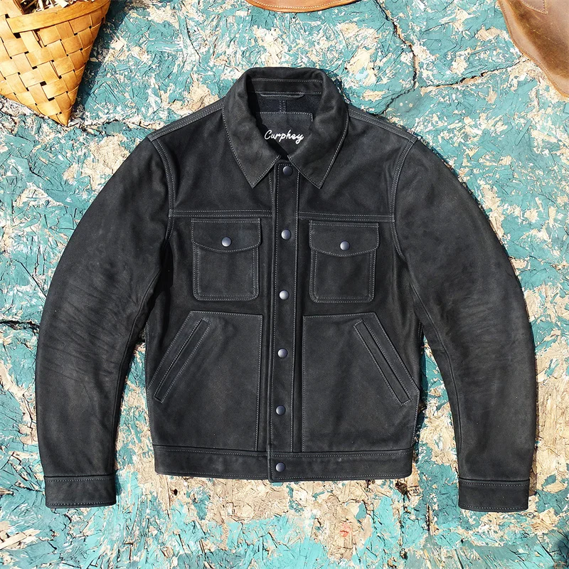 Black Autumn Leather Jacket Men Denim Style American Size Genuine Natural Cow Suede Short Single Breasted Leather Coat