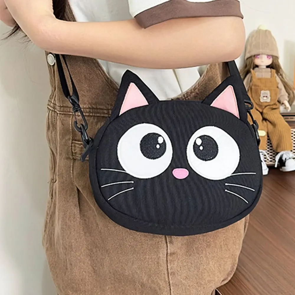 Bolso de hombro creativo para niños, Mini bolso de gato de dibujos animados de gato negro de gran capacidad, correa ajustable de lona, monederos Kawaii para senderismo