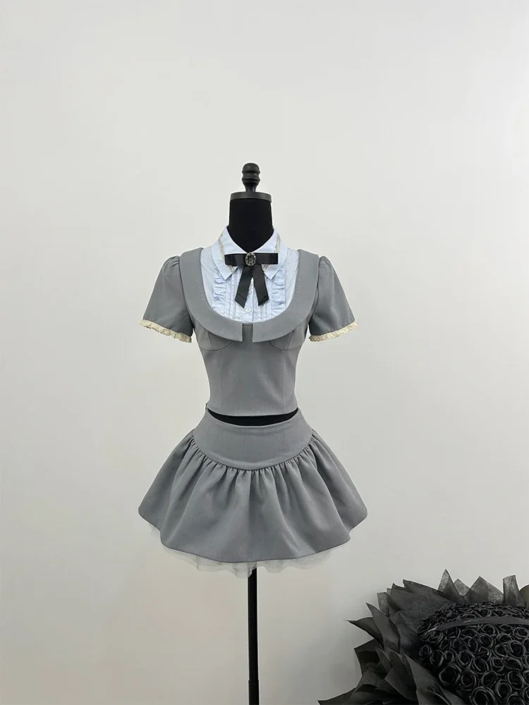 

Summer Women 2000s Korean Preppy JK Uniform Outfits 2 Piece Set Gyaru Cute Core Short Sleeve Bow Crop Tops + Mini Pleated Skirt