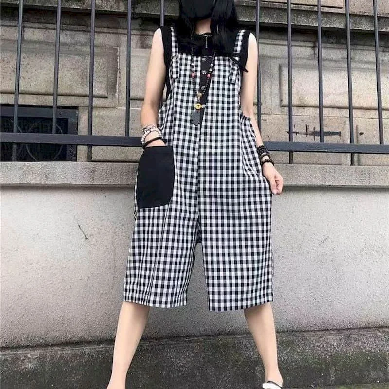 

Vintage Jumpsuits Minimalism Sleeveless Plaid Playsuits One Piece Summer Workwear Five Point Pants Overalls for Women Clothing