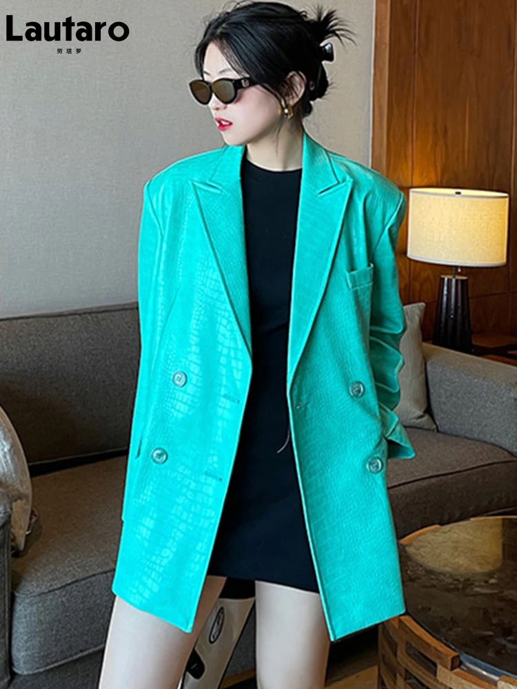 

Lautaro Spring Autumn Colored Green Crocodile Print Pu Leather Blazer Women Long Sleeve Double Breasted Loose Korean Fashion