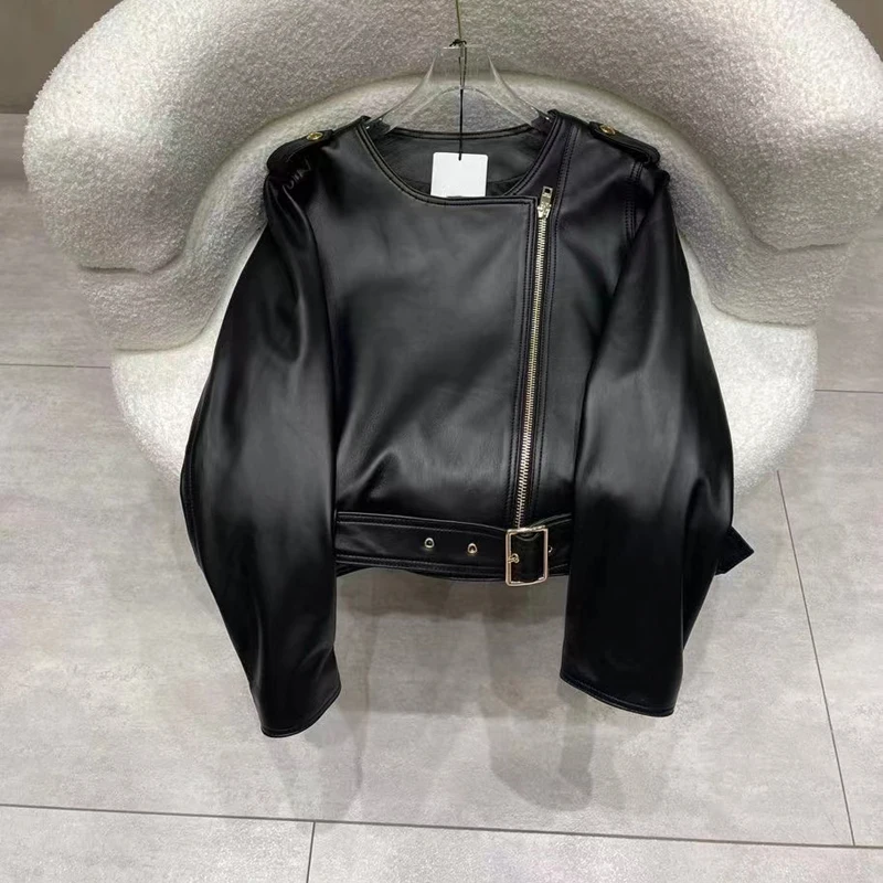 Genuine Leather Jacket O-Neck Collar Short Length 2025 New Fashion Women Coat Spring And Autumn Long Sleeve Clothes With Belt