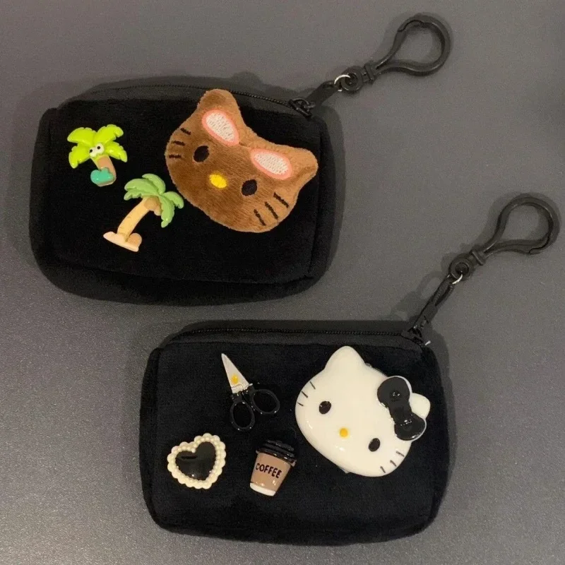 Sanrio Anime Hello Kitty Plush Coin Purse Black Series Keychain Girly Heart Portable Mini Bag Storage Bag Gifts for Girls