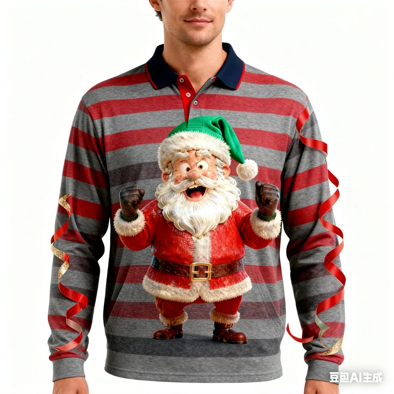

Colorful Stripes Printed Men's POlO Shirt 3D Funny Santa Claus Pattern Long Sleeve Top New Year Carnival Party Clothes For Man