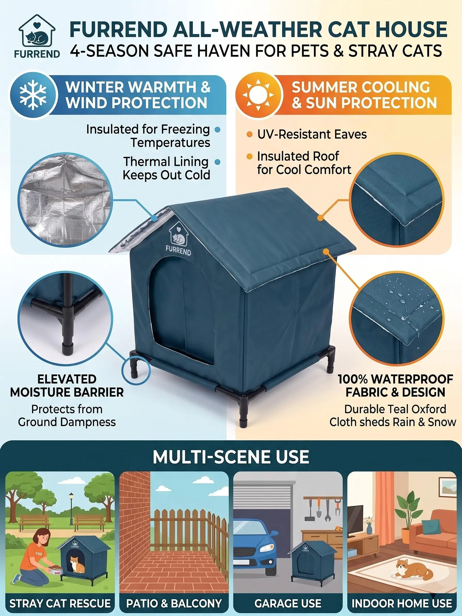 Waterproof Outdoor Pet House for Small Dogs Cats All-Season Oxford Dog Kennel Windproof Cat Shelter Scratch-Resistant Puppy Cave Tent Sturdy Washable Pet Bed Includes Warm Soft Blanket & Brackets view 7
