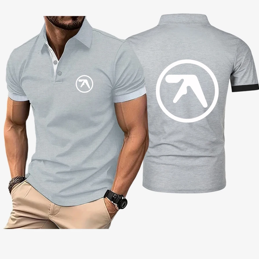 2026 APHEX TWIN Logo Print Summer Men's Short Sleeve Lapel Collar Top New Solid Color Casual Trendy Breathable Loose Polo Shirt
