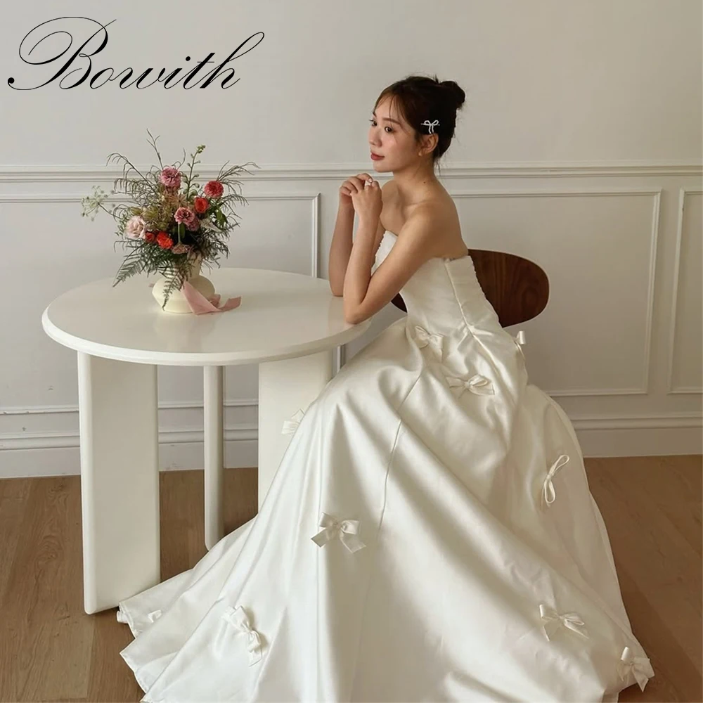 Bowith Simple Strapless Tulle Satin Korea Wedding Dress Customized Floor-Length Bow Bridal Gown A-line Sleeveless Corset Back