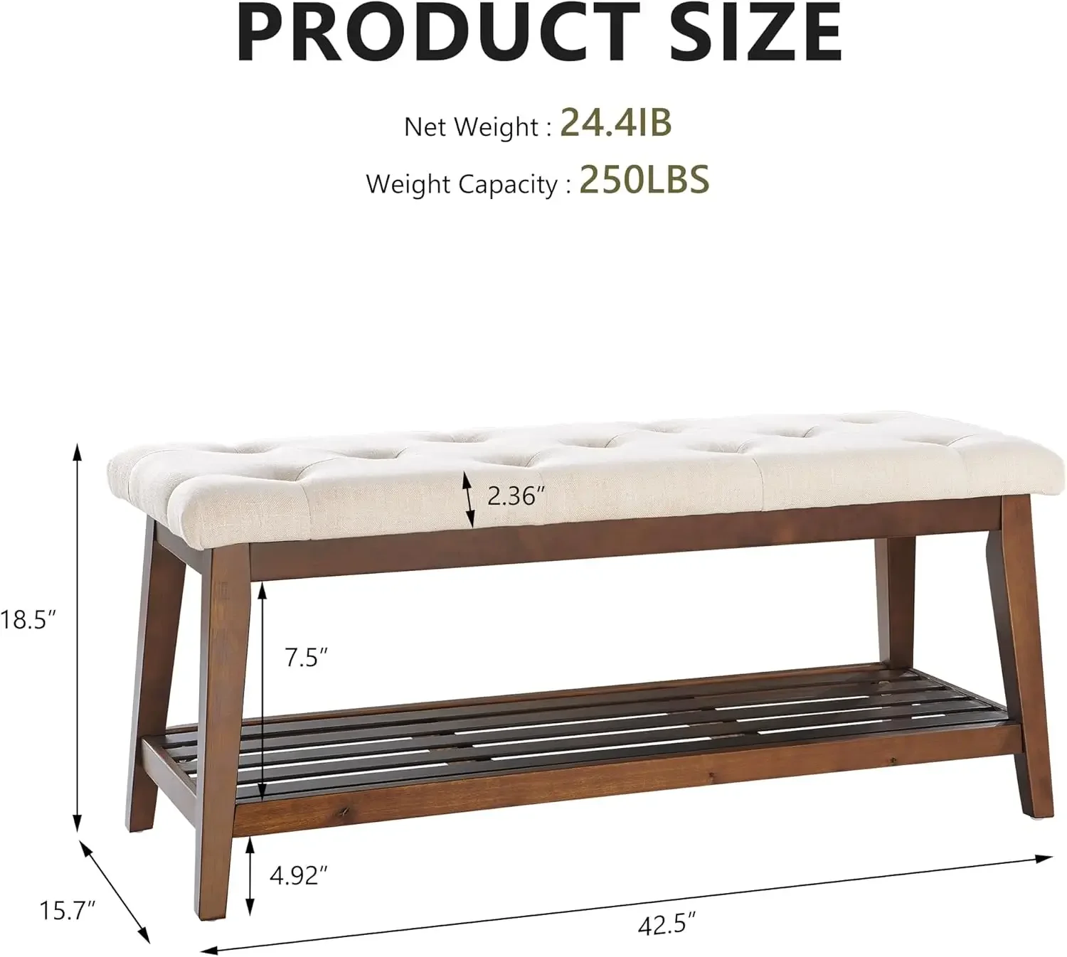 مقعد منجد لغرفة النوم نهاية السرير، مقعد مدخل 42.5 بوصة لغرفة المعيشة، مقعد طعام مع مقعد مبطن وخشب صلب #2