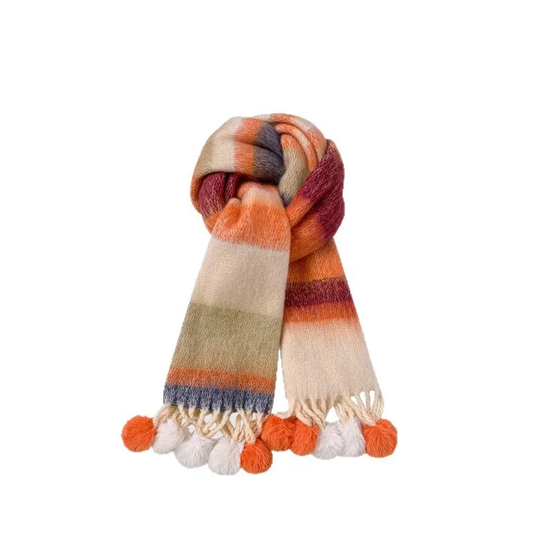 Rainbow Mohair Tassel Scarf Color Block Striped Pom Pom Fringe Scarf Silk Sun Face Mask