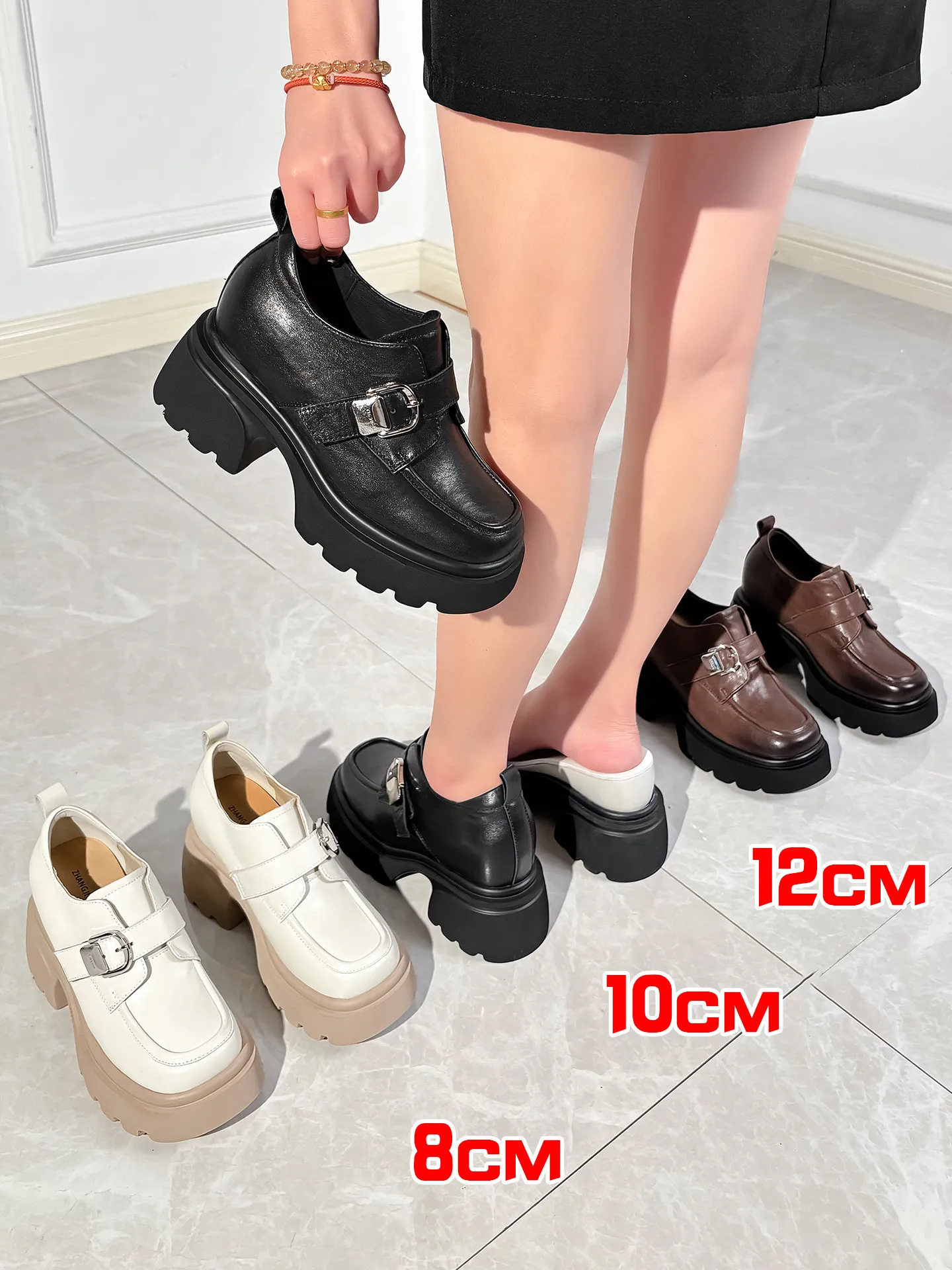 

8-12cm Elevator Shoes Women Increasing Shoes Genuine Leather Platform Loafers Black Leather Shoes Lightweight Increase Height
