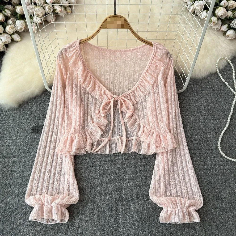 Summer Apricot Lace Women Cardigan Korean Fashion V-neck Long Sleeve Cropped Tops Sweet Slim Thin Sunscreen Jacket Female Shrugs