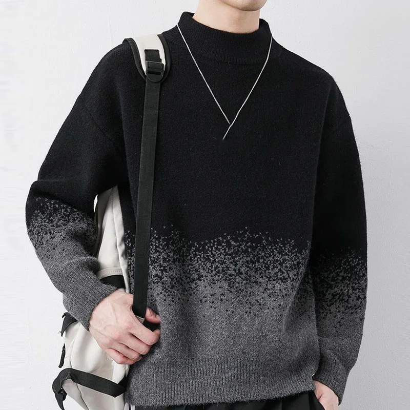 Half High Collar Men Vintage Knit Sweater Patchwork Color Gradient Dots Handsome Sweater 2023 Winter Male Thick Pullover Sweater