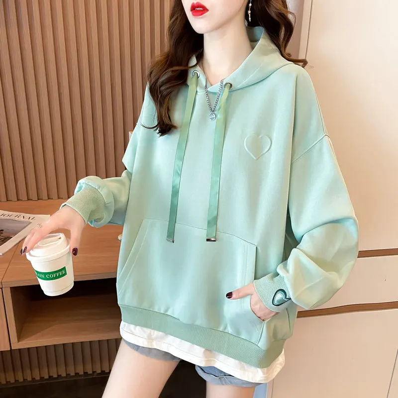 Hoodies Women Sweatshirts Loose Baggy Fake 2pecs Plus Velvet Thick Warm Drawstring Long Sleeve Solid Sweet All-match Preppy Lady